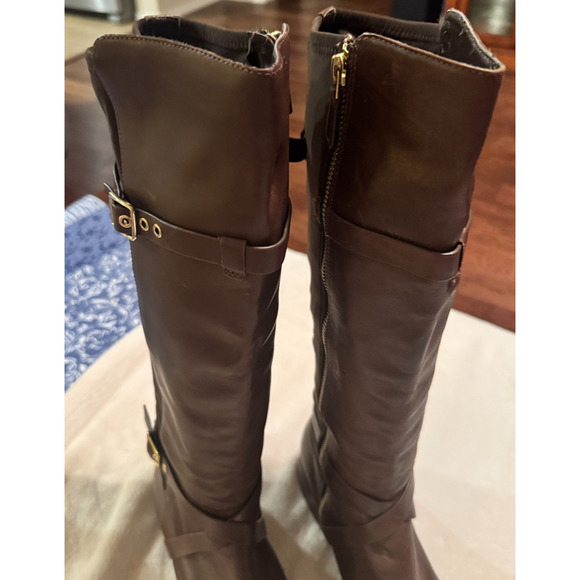 Cole Haan Grand OS Brown Leather Riding Boots tall buckle stretch Dorian 8B zip - Picture 3 of 10